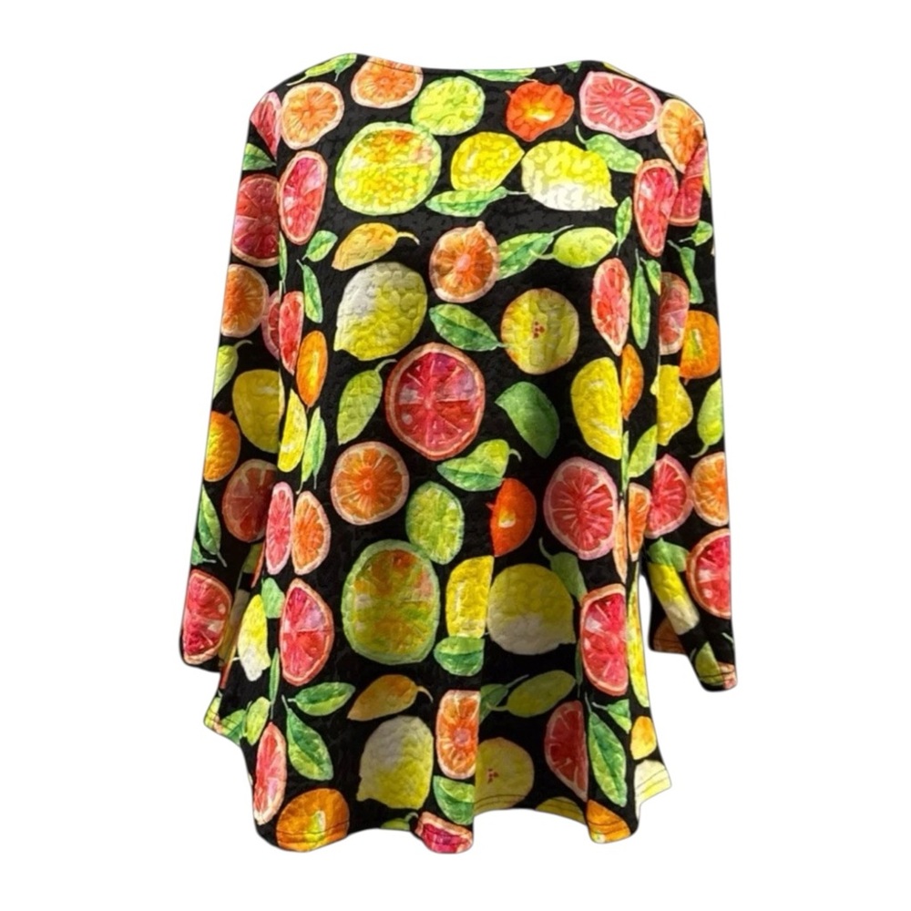 Vintage New Peck & Peck‎ XL Citrus Fruit Print Top Black Lemons Made USA Orange - Picture 2 of 8